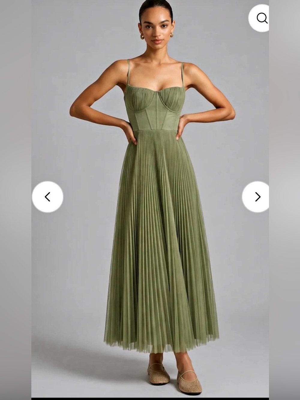 Olive Green Pleated Maxi Dress with Corset Bodice